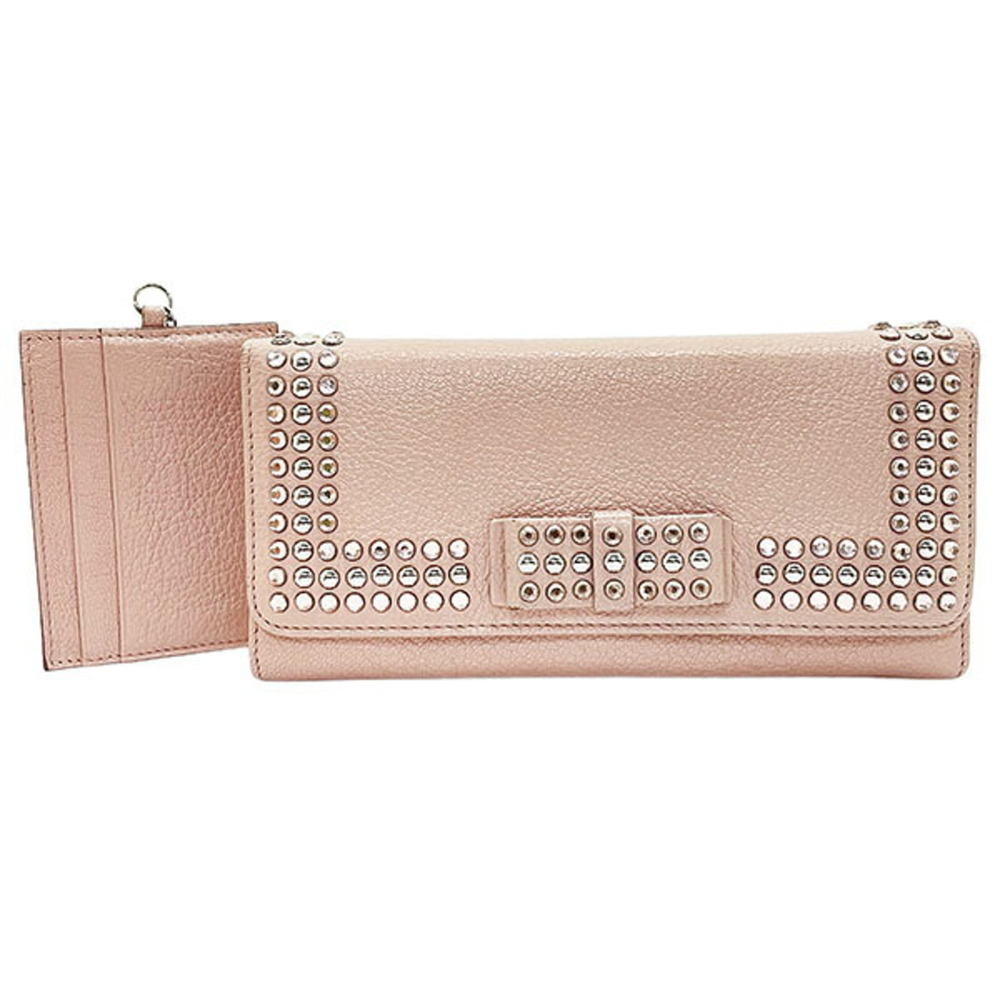 Miu Miu Miu Bijou Studded Ribbon Bi-fold Long Wallet, Leather, Beige Pink